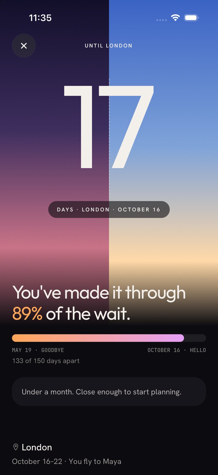 The countdown screen: 11 days, 93% of the wait behind you