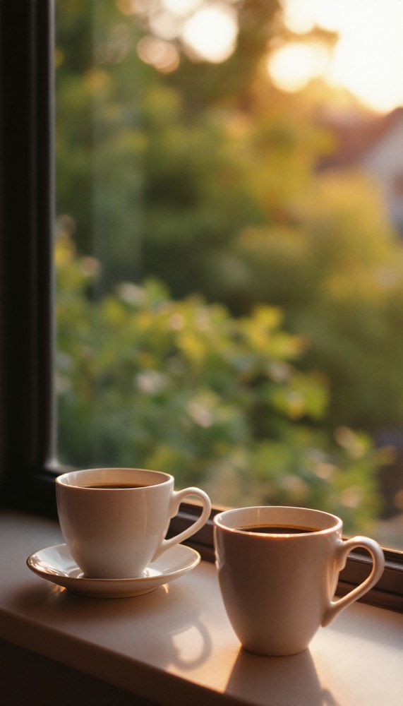 Two cups of coffee on a windowsill in morning light