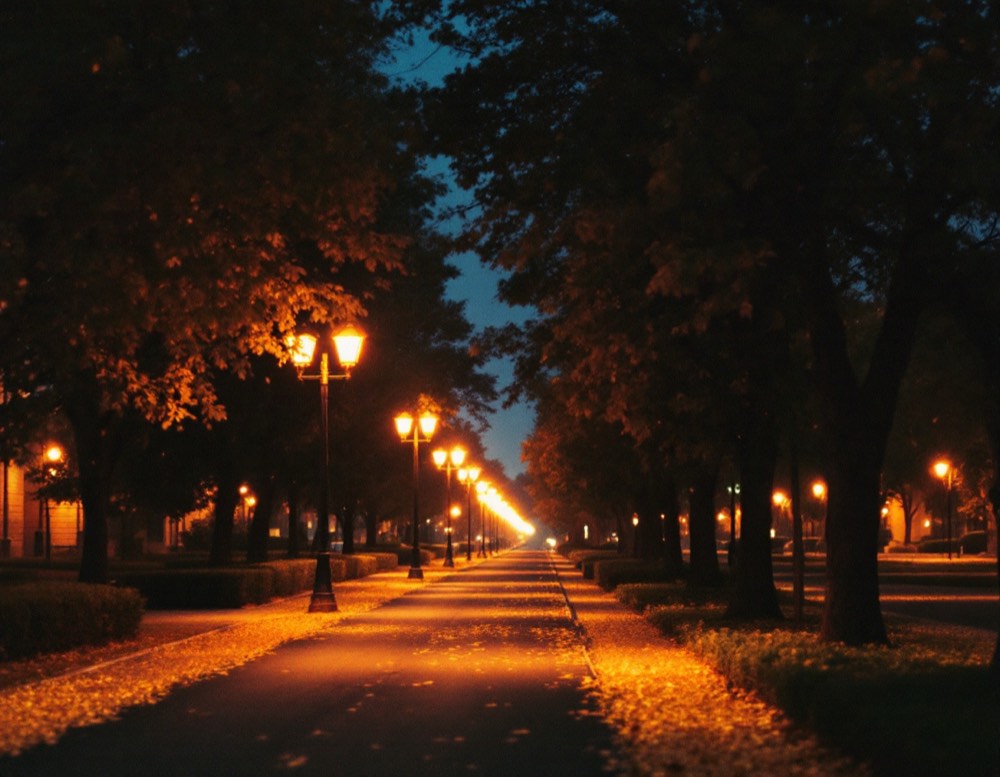 An evening walk home, warm light on a quiet path