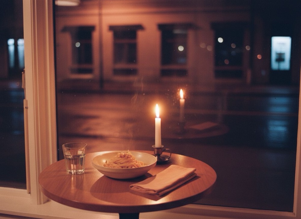 A small table by a window at night, a bowl of pasta and a lit candle