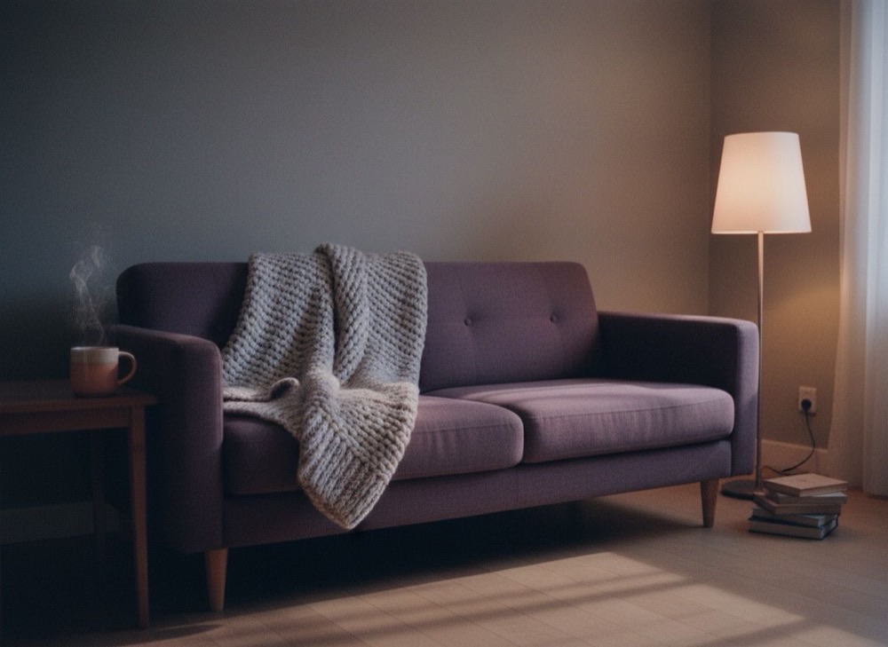 A sofa with a folded blanket in a dim room lit by the glow of a screen
