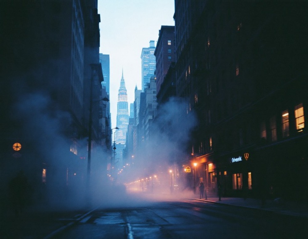 A city street before dawn, steam rising, lit windows above